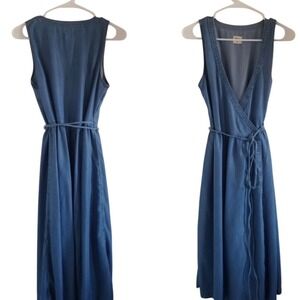 Gap 1969 Blue Chambray Denim Sleeveless V-Neck Wrap Midi Dress Tie Waist XL